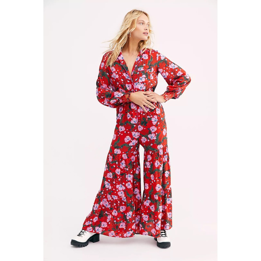 Free People Sleeping In The Garden Jumpsuit Red Floral Wide Leg XS OB948508